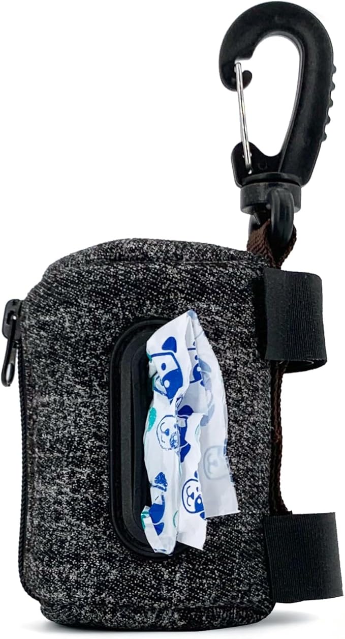 Dog Poop Bag Dispenser for Leash, Corduroy Pet Waste Bag Holder with Clip, Portable Cute Embroidered Poop Bag Carrier with Zipper, Fits Standard Size Poop Bag Rolls (Dark denim)