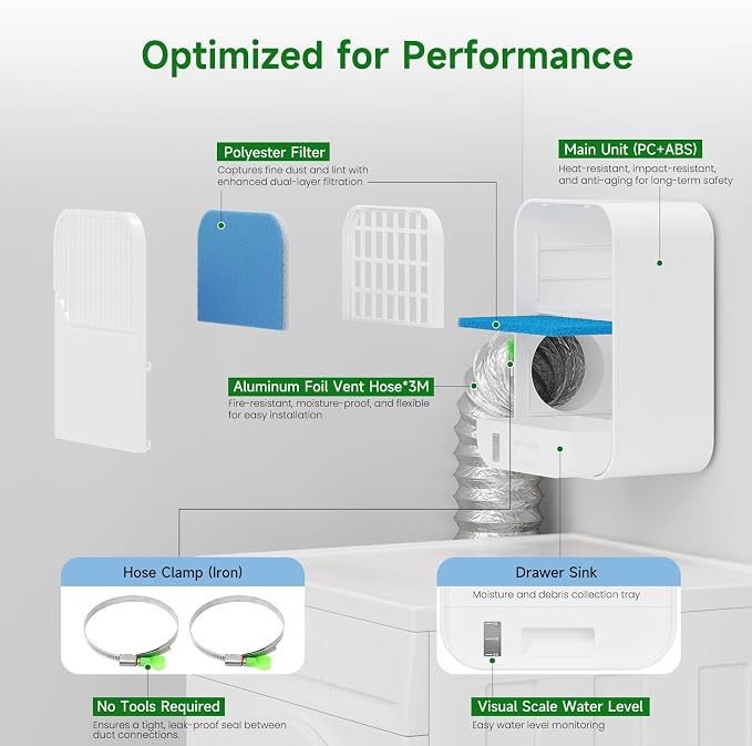 LuckIn 3-in-1 Indoor Dryer Vent Kit for Electric Dryer, Dryer Vent Cleaner Kit with Polyester Filter, 9.8ft Vent Hose and Water Drawer System, Dryer Vent Connector Kit for Apartments, Homes, and RV