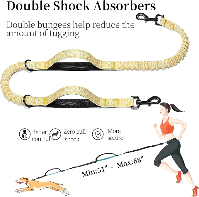 iYoShop Hands Free Dog Leash with Zipper Pouch, Yellow Heart, Large | Waist Leash, Dual Padded Handles, Shock-Absorbing Bungee, Adjustable Waist Belt, Walking and Running