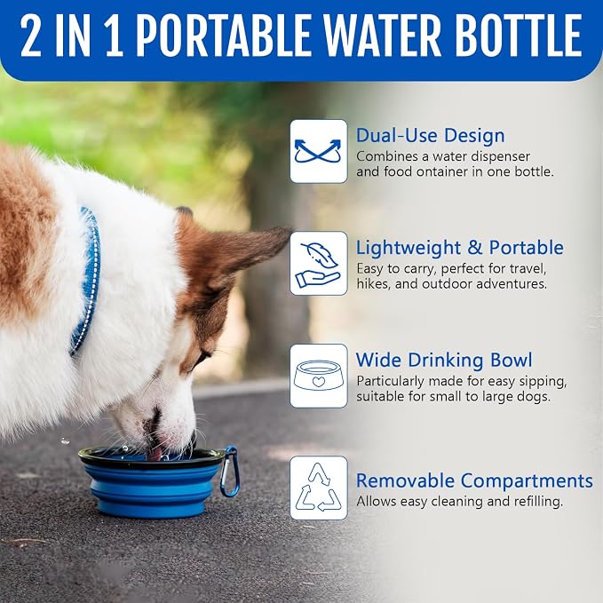 2-in-1 Dog Travel Water Bottle with Collapsible Bowl, Blue