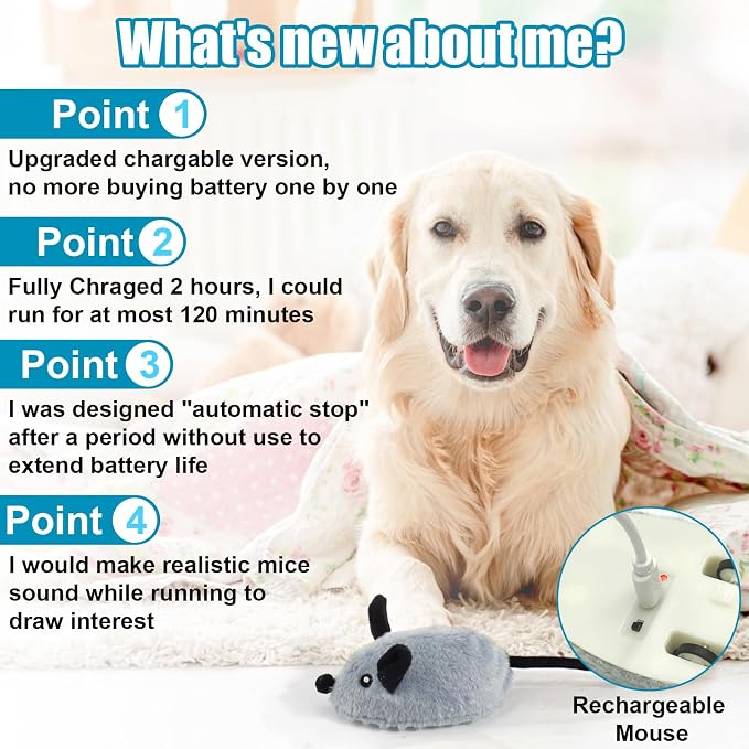 Interactive Dog Toys, Fake Mouse Moving Dog Toy with Automatic Sensor | Dog Mouse Toy with Realistic Sound & Extended Tail, Automatic Dog Toy for Cats Dogs Pet, Squeaky Dog Toys Remote Control Gray