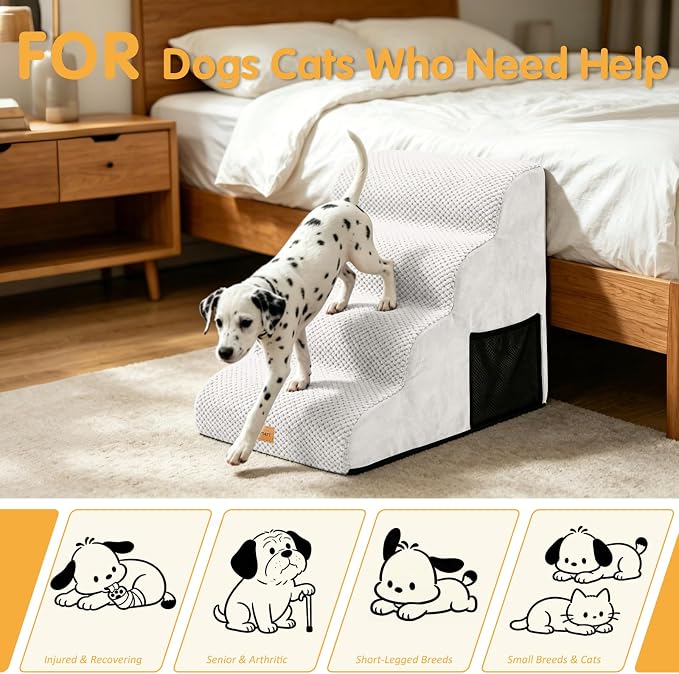 Topmart High Density Foam Dog Steps 4 Tiers,Extra Wide Deep Pet Steps,Non-Slip Dog Stairs Ramp for Bed,Soft Foam Cat Ladder,Best for Older Injured,Older Pets,Cats with Joint Pain