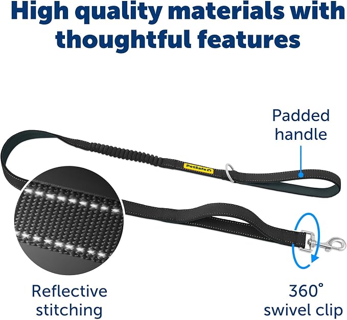 PetSafe Comfort 4 ft Bungee Dog Leash, Black | Shock-Absorbing Bungee Flexes on Pulls, Dual Handles for Control, Reflective Stitching, Built-in D-Ring for Off-Leash Storage