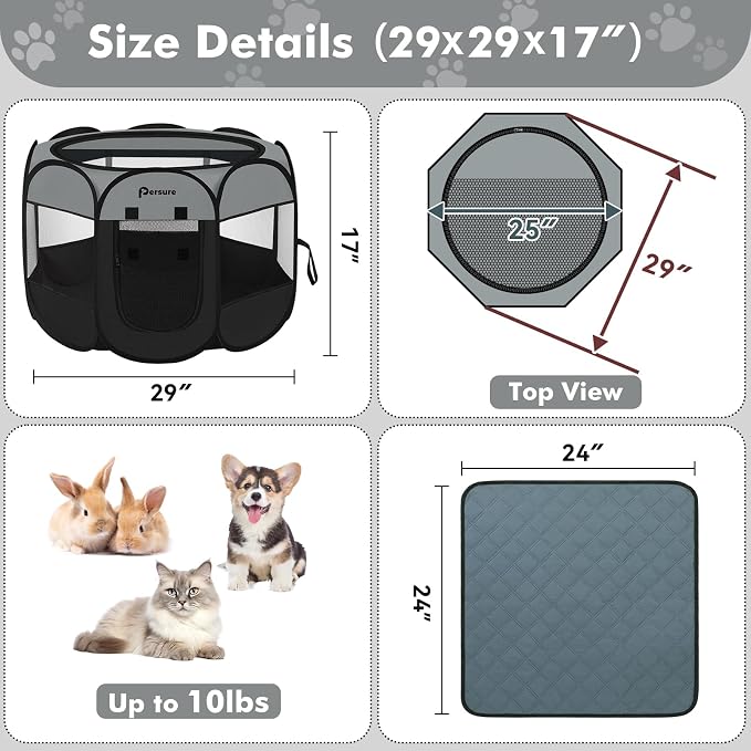 Dog Cat Playpen Indoor Outdoor for Puppy Pet Dogs Cat Recovery After Surgery, Dog Tent Crates Cage Indoor/Outdoor, Portable Pop Up Kennel with Carrying Case for Travel (Dark Grey with Pad, Small)