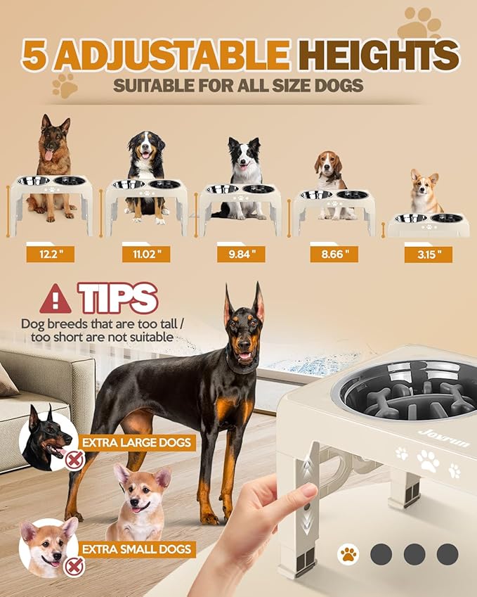Jovrun Elevated Dog Bowls for Small Medium Large Size Dogs, Non-Slip Dog Feeder with 2 Food Water Bowls, 2-5 Heights Adjustable Raised Bowls Stand