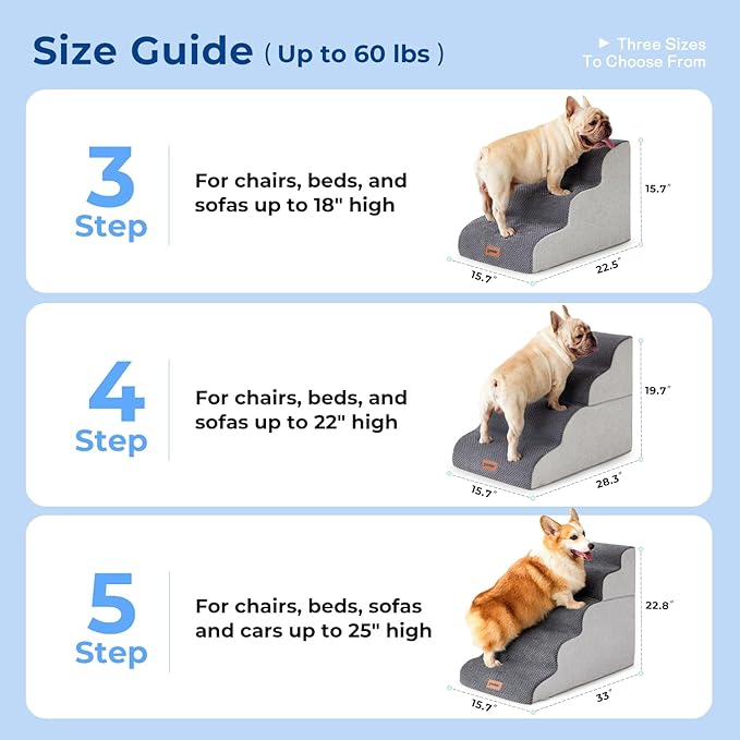 ZOMISIA Dog Stairs Ramp for High Beds Up to 25" - 5 Step Pet Stairs for Small to Large Dogs, 35D Foam Dog Steps for Couch with Non-Slip Bottom Grey