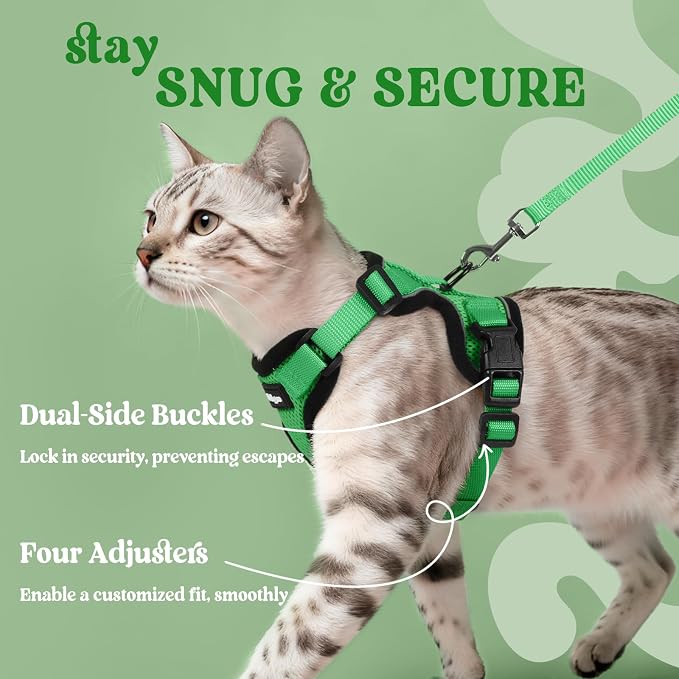 rabbitgoo Cat Harness and Leash Set, Escape Proof Vest, Grass Green | Soft Breathable Mesh, Easy Adjustable Fit, Snap Buckles, Sturdy Clip, Reflective Strips, for Medium to Large Cats Walks, M