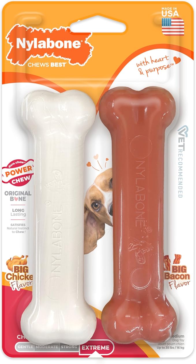 Nylabone Power Chew Original Bone Dog Chew Toys, Medium, 2 Count | Chicken and bacon flavor, durable chew toys, discourages destructive chewing, long lasting, for dogs up to 35 pounds