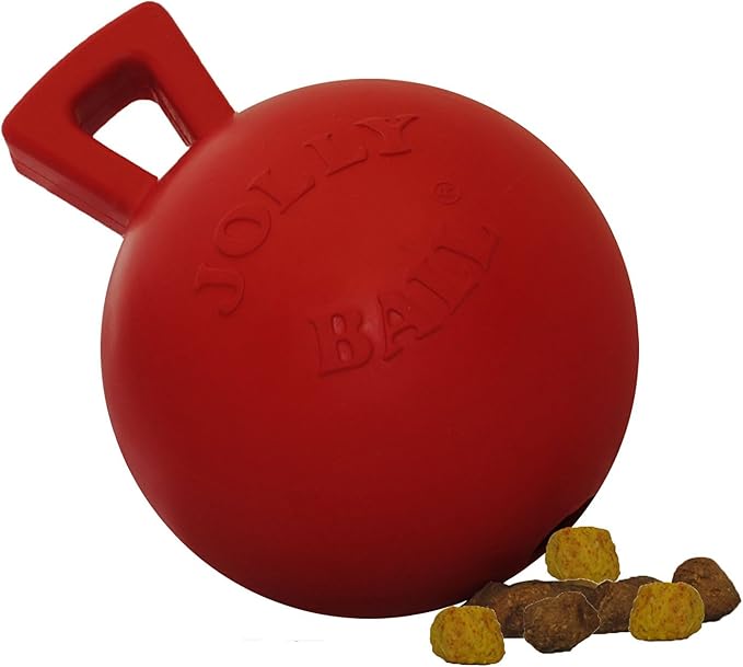 Jolly Pets Tug-n-Toss Heavy Duty Dog Toy Ball with Handle, 4 Inches/Petite, Red | Petite 4 inch jolly ball with handle, treat-dispensing chamber for puzzle play, bounces for fetch, made in USA