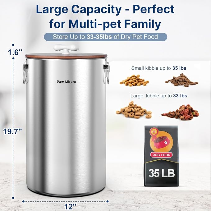 2 Pack 35 lb Stainless Steel Dog Food Storage Container Set with Wooden Lid, 2-Pack, 35 lb, Stainless Steel