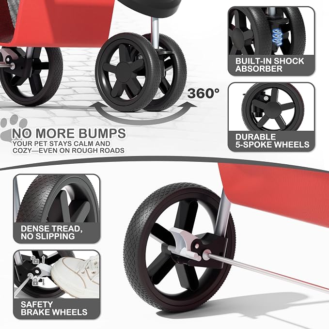 MoNiBloom 3-Wheel Foldable Pet Stroller - Red, up to 33lbs