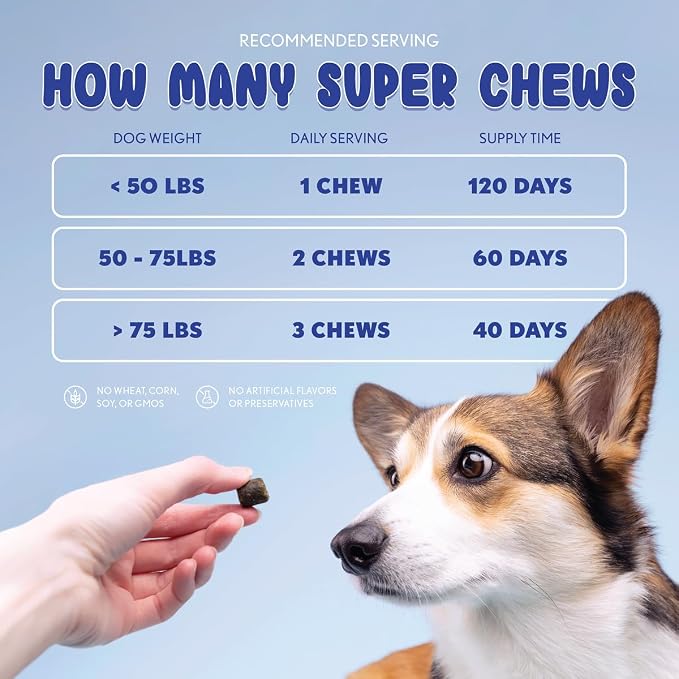 Super Chew, Advanced Hip and Joint Supplement for Senior Dogs, Full Body Support with Glucosamine, Chondroitin, DHA, Taurine, 120 Fish Flavored Soft Chews