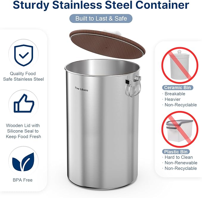 2 Pack 35 lb Stainless Steel Dog Food Storage Container Set with Wooden Lid, 2-Pack, 35 lb, Stainless Steel