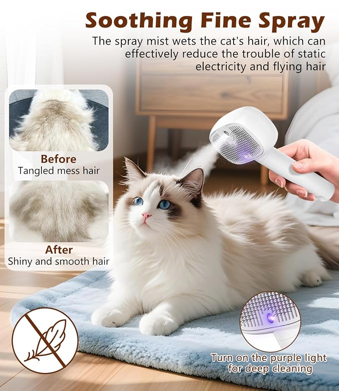 3-In-1 Cat Steam Brush for Shedding, One-Touch Release - Rechargeable - Self Cleaning Comb for Indoor Cats, Anti-Static Grooming Brush for Long and Short-Haired Cat/Dog, White