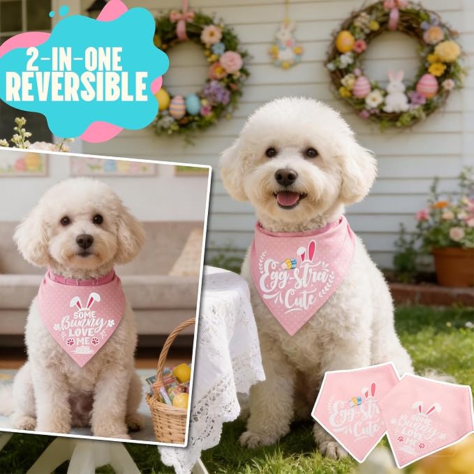 Easter 2-in-1 Dog Bandana with Egg-Stra Cute & Some Bunny Love Me Lovely Saying, Medium, Small, Pink