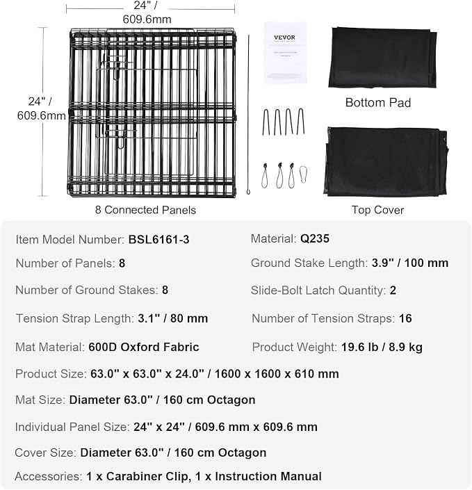 VEVOR Foldable Dog Exercise Pen, 24in 8 Panels, with Top Cover & Bottom Pad