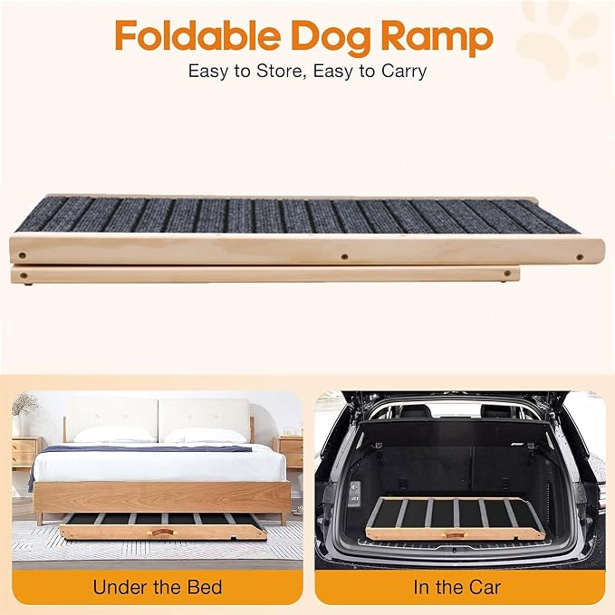 Folding Dog Ramp for Bed, Couch & Car，17" Adjustable Pet Ramp with Non-Slip Rubber Mat, 5-Level Height Adjustments, Portable Ramp for Small, Large & Senior Dogs or Cats，Easy Storage