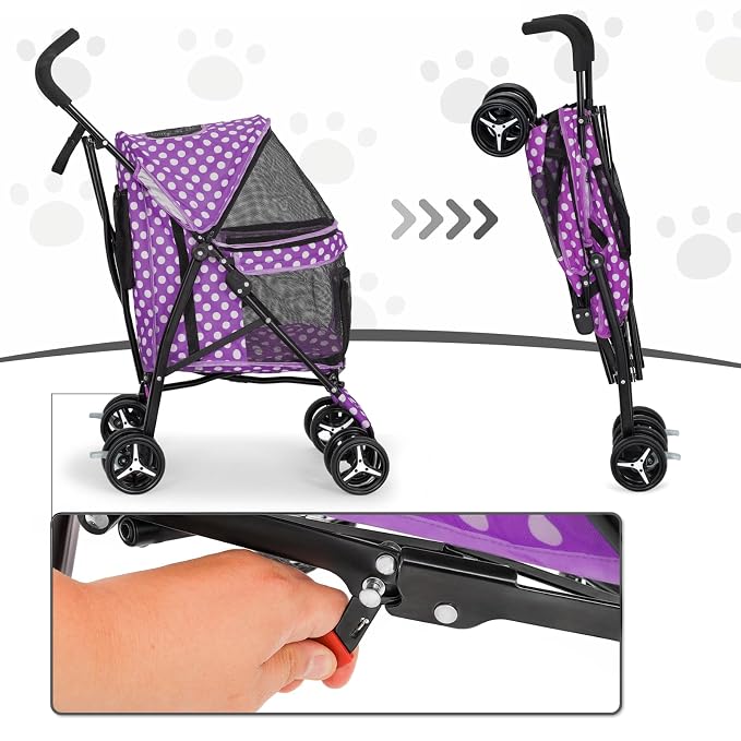 MoNiBloom 4-Wheel Foldable Pet Stroller - Purple Polka Dots