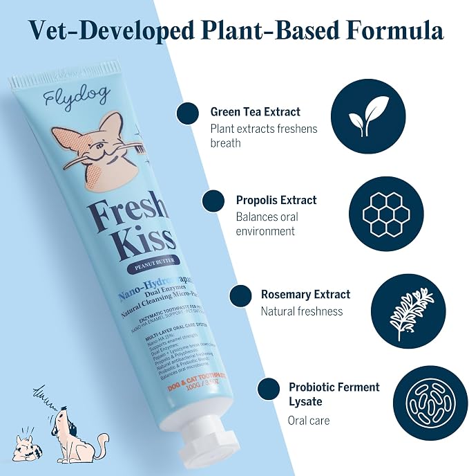 FlyDog Fresh Kiss Nano-HAp Dog Tooth Brushing Kit, Vet Approved Remineralizing Formula for Dogs & Cats - Rebuild Enamel, Remove Tartar & Plaque, 360° Toothbrush & Silicone Finger Brush (Peanut Butter)