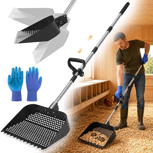 2-in-1 Chicken Poop Scooper & Rake, 12" Wide Metal Chicken Coop Scooper, 3-Way Adjustable Head, 39/51/67" Long 304 Stainless Steel Handle & Gloves, Non-Stick Sand Sifting Shovel for Backyard Farm Barn