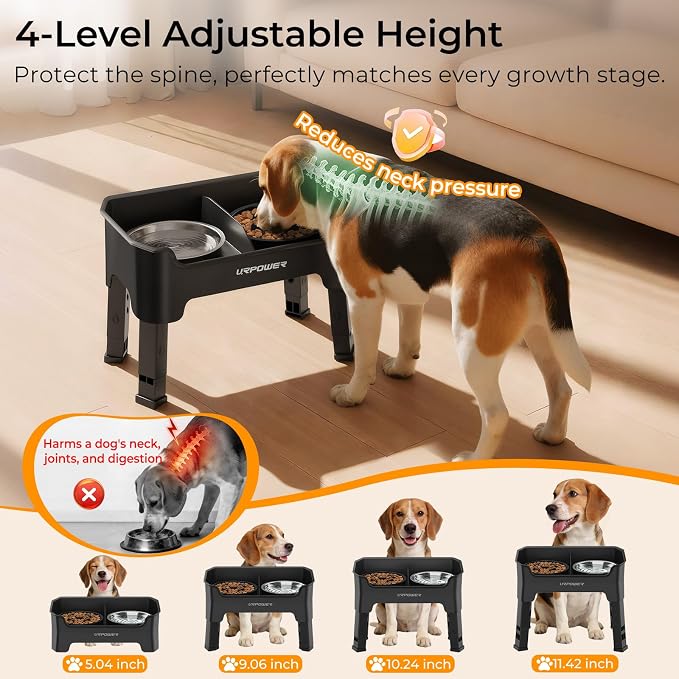 URPOWER Mess Proof Elevated Dog Bowls, High Wall Splash Guard Design, 4 Height Adjustable Raised Bowl Stand with Stainless Steel Bowl & Slow Feeder Bowl, Non-Slip Food Water Set for Small, Medium Dogs