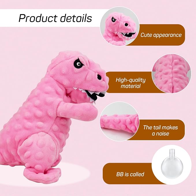 Andiker Dog Squeaky Toys, 8.66 in Plush Dogs Toy Soft Dogs Chew Toys in Dinosaur Shape for Chewing Biting Stuffed Dog Toys with a 3.93 in Squeaker and Crinkle Paper for All Puppy (Pink)