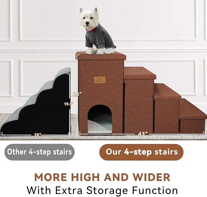 Zerbuger Dog Stairs with Condo 23" H, 4-Step Wider Dog Steps for High Beds Window, Folding Storage Pet Stairs Gift for Small/Medium/Large Old Dogs Cats, Ramp for Climbing Car Hold Up to 200 lbs, Brown