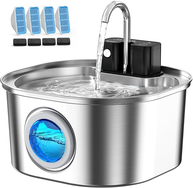 Voluas Stainless Steel Cat Water Fountain: 108oz/3.2L Wireless Cat Fountain Battery Operated for Drinking Indoor, Automatic Pet Water Dispenser Bowl with Ultra Quiet Pump, Easy Clean BPA-Free, 4Filter