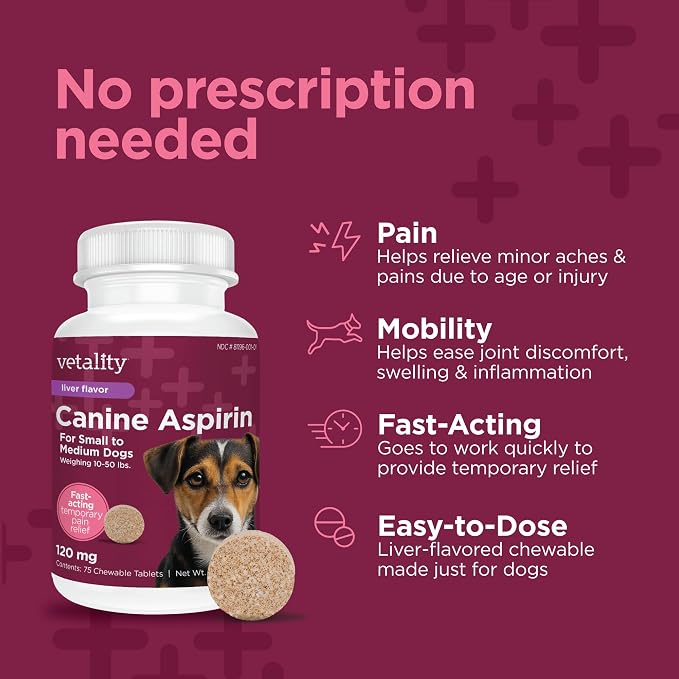 Vetality Canine Aspirin for Dogs | Fast Pain Relief | Small to Medium Dogs | Liver Flavor | 75 Chewable Tablets