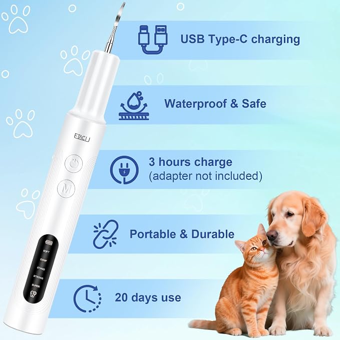 ETACCU Dog Plaque Remover for Teeth, Dog Plaque Remover Tool with LED Light, 5 Modes Teeth Cleaning Tools, Low Noise Pet Tooth Brushing Kit Dental Tools for Dog and Cat, White