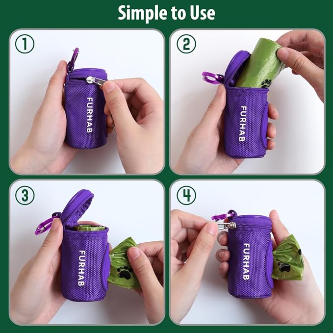 FURHAB Dog Poop Bag Holder for Leash Doggie Waste Bag Dispenser Soft Fabric Puppy Potty Carrier Small Doggy Zipper Pouch with Carabiner Clip 1680D Nylon Oxford with 1 Roll of Pet Trash Bags, Purple