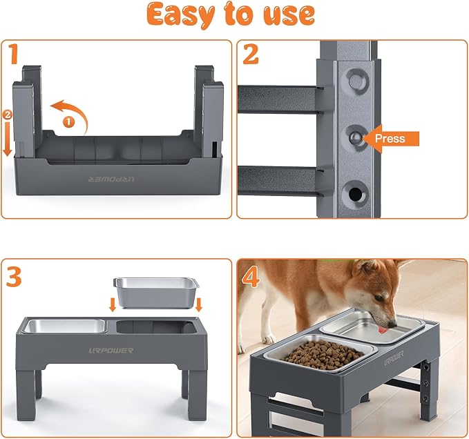 URPOWER Raised Dog Bowls 4 Height Adjustable Elevated Bowl Stand with Stainless Steel Water Bowl Non-Slip Dog Food Bowls Stand for Small Medium Large Dogs and Pets