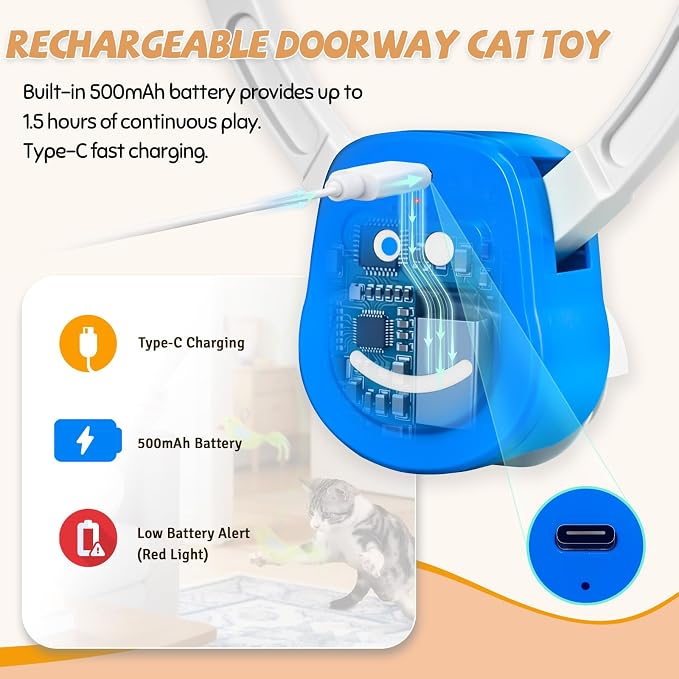 Door Frame Cat Toy for Indoor Cats, Automatic Hanging Toy | Interactive cat toys for indoor cats with 2 play modes: automatic bouncing and rotating; hangs from door frames.