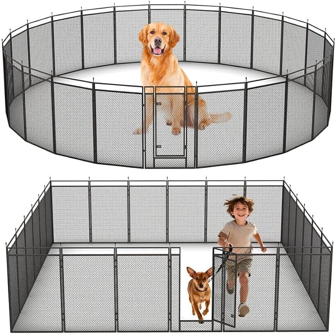 Dog Playpen with Safety Mesh, 32in 24 Panels, Black-Silver
