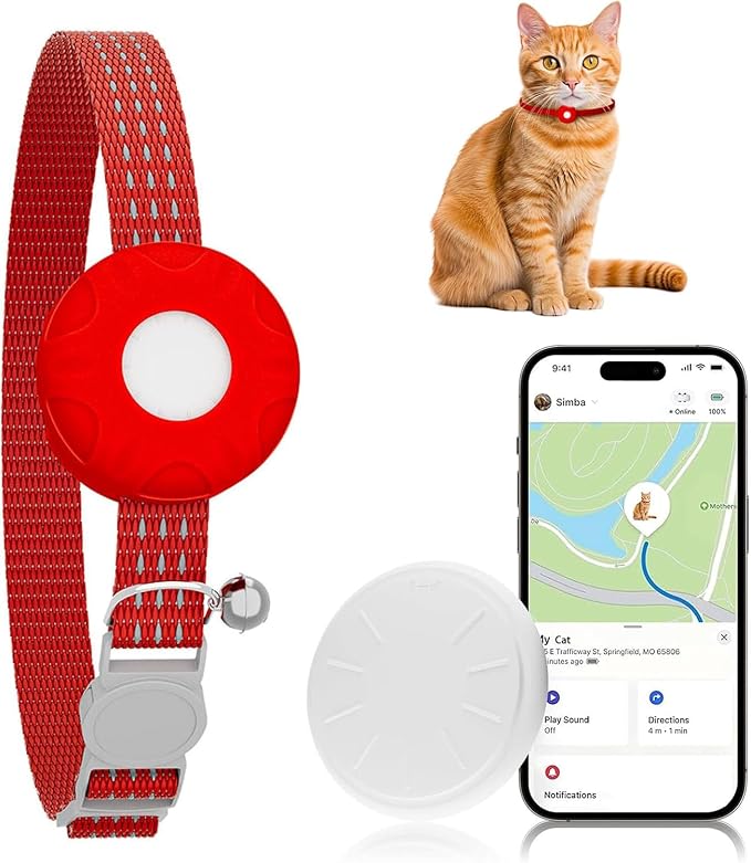 Cat GPS Tracker for Cats, Cat GPS Tracker Collar with Safety Elastic Buckle, Compatible with Apple Find My App (Only iOS), No Monthly Fee, Red