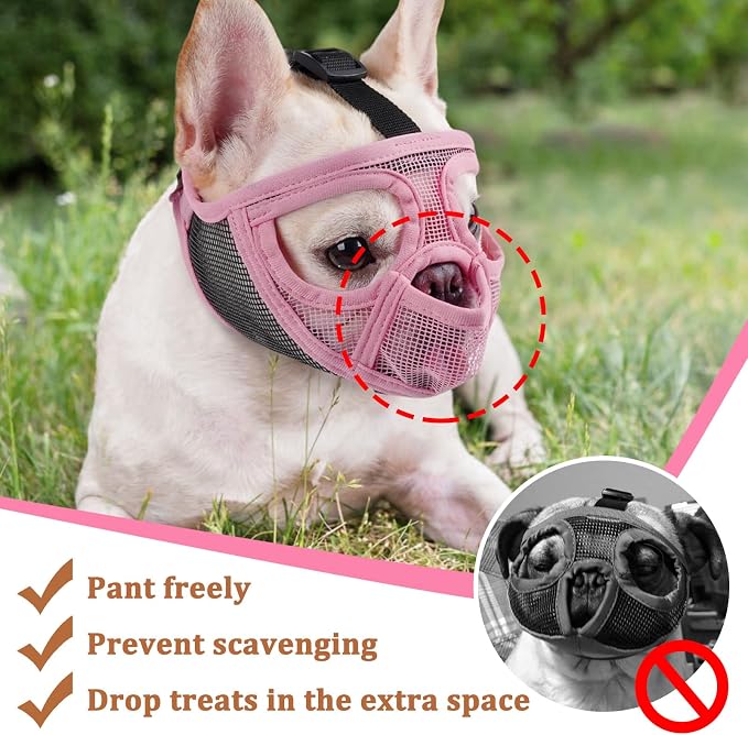 Mesh Short Snout Dog Muzzle with Anti-Eating Design for Frenchie | Fits French Bulldog Pug English Bulldog, Prevent Scavenging, Walking Grooming Use , Allows Full Panting Drinking | Pink, M