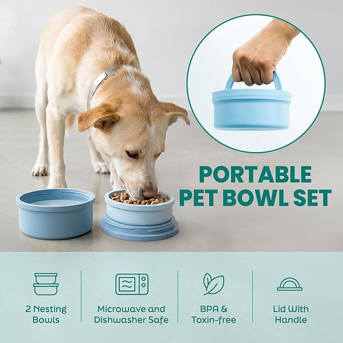 KindTail Dog Travel Bowls, Set of 2, with Lid & Handle