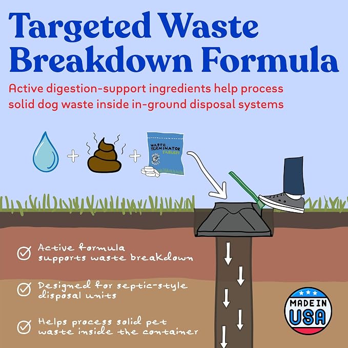 Doggie Dooley Waste Terminator Tablets - 100 Count - Pet Digester Concentrate for In-Ground Disposal Unit - Break Down Solid Waste - Resealable Pouch - Weekly Formula for Large Breeds - White