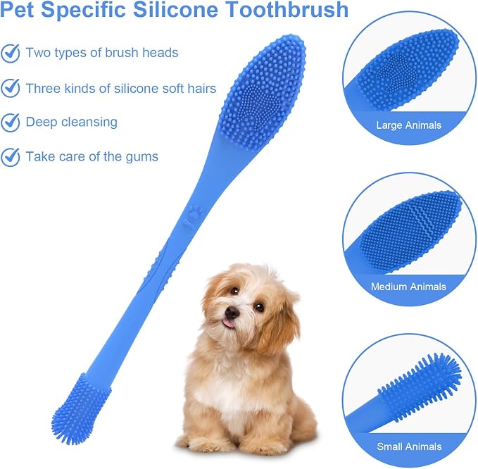 2 Piece Dog Toothbrush with Dual Head,Silicone Long Handle Toothbrush for Dogs Cats,Puppy Pet Tooth Brush (Royal Blue)