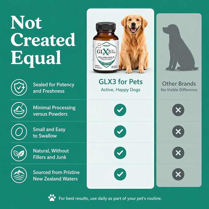 GLX3 Green Lipped Mussel Oil for Dogs | Joint & Hip Comfort Omega-3 Supplement | Ideal for All Dog Breeds and Ages | 1 Month Supply, 60 Gel Capsules w/Natural Ingredients