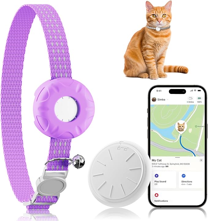 Cat Tracker, GPS Tracker, Compatible with Apple Find My App(Only iOS), Real-Time Location Pet Tracker, No Subscription Required,Territory & Location History, Breakaway Collar Included, Purple