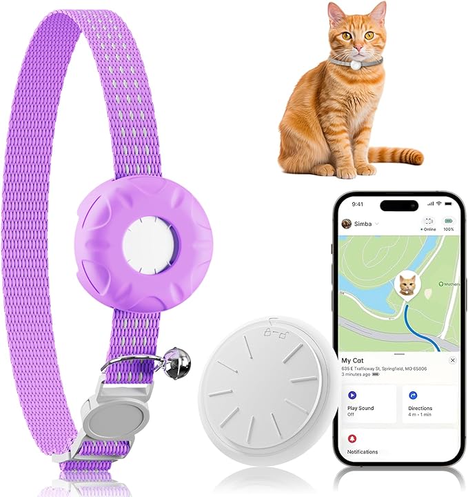 GPS Tracker for Cats (iOS Only), Cat Tracker, Real-Time Location Pet Tracker, No Monthly Fee GPS Tracker, Compatible with Apple Find My,Anti-Lost Smart Tag (Purple)