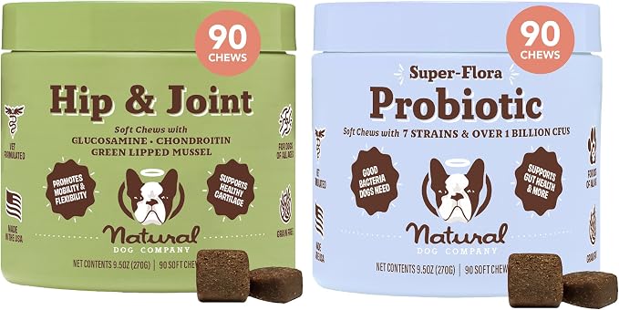 Natural Dog Company Hip & Joint and Probiotic Chews for Dogs Bundle: Glucosamine & Probiotics - Joint Support and Digestive Health Combo for Dogs of All Breeds and Sizes
