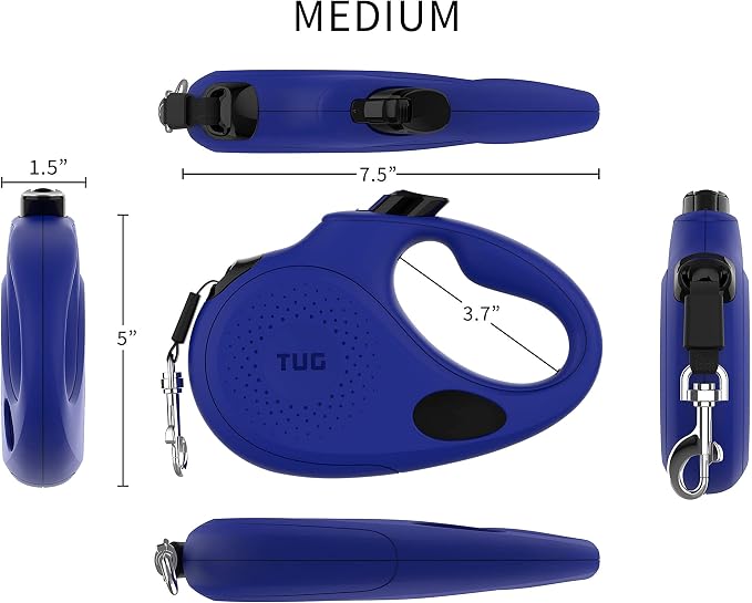 TUG Oval 360° Tangle-Free Retractable Dog Leash with Integrated Waste Bag Dispenser (Medium, Blue)