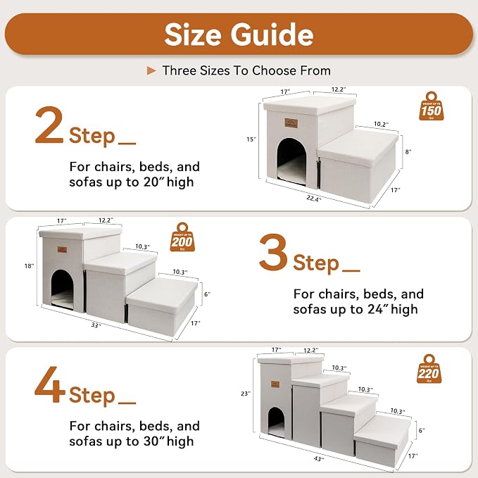 Zerbuger Dog Stairs with Condo 18" H, 3-Step Wider Dog Steps for High Beds Couch, Folding Storage Pet Stairs Gift for Small/Medium/Large Old Dogs Cats, Ramp for Climbing Car Up to 200 lbs, Beige