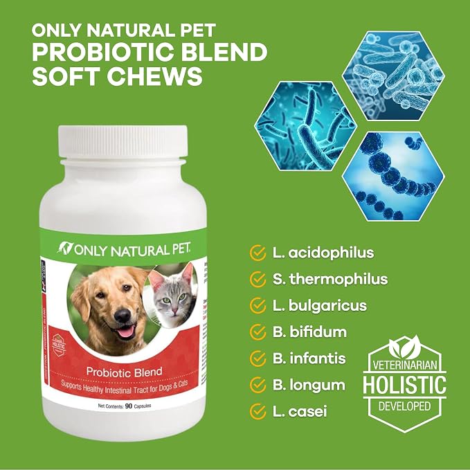 Only Natural Pet Probiotic Dog and Cat Supplement - Digestive & Intestinal Tract Health Enzyme Formula, Puppy & Canine Digestive Support, Best for Stomach Relief & Gas Aid - 90 Capsules.