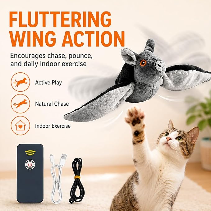 Flying Bat Dog Toy, 2026 New Interactive Flying Bat Toy for Dogs with Flapping Wings, Realistic Flight Motion and Chirping Sound, Indoor Chase Toy for Exercise, Play and Boredom Relief (Itachi)