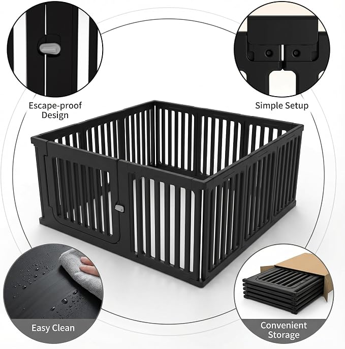 11 Panels Plastic Dog Playpen, Expandable & Durable Pet Fence - Indoor & Outdoor Portable with Secure Locking Door, Durable Safety Play Pen with Puppy, Cat, Small Animal(Black, 23.62" H)