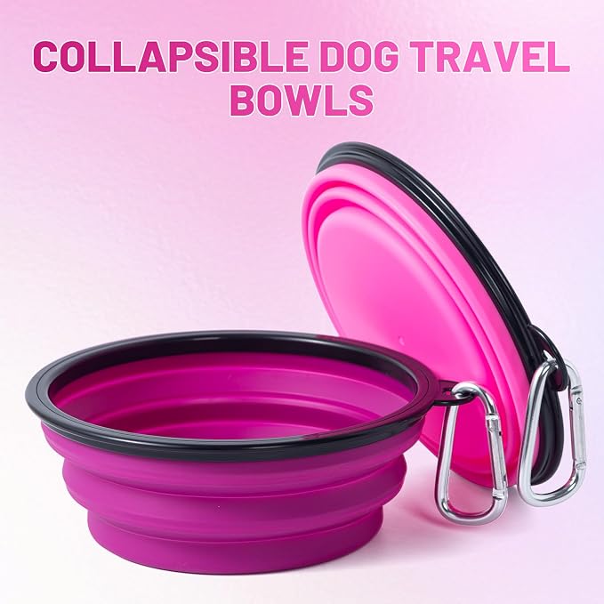 Dog Bowl Collapsible, 2 Pack, with Carabiners, Medium, Pink+Purple