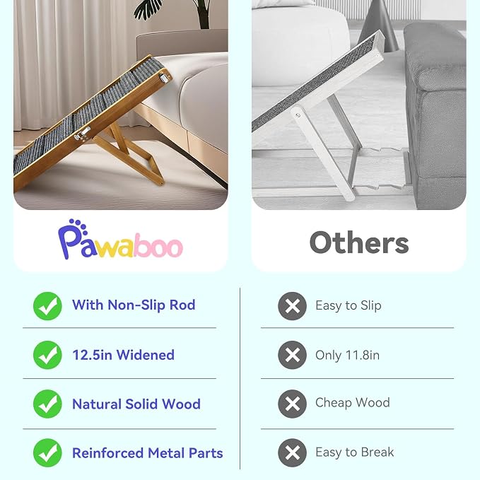 Pawaboo Foldable Dog Ramp for Couch & Sofa – 4 Adjustable Heights (13"-21") with Non-Slip Pad, Portable Pet Stairs for Small Dogs & Car, Supports Up to 33 lbs, Walnut